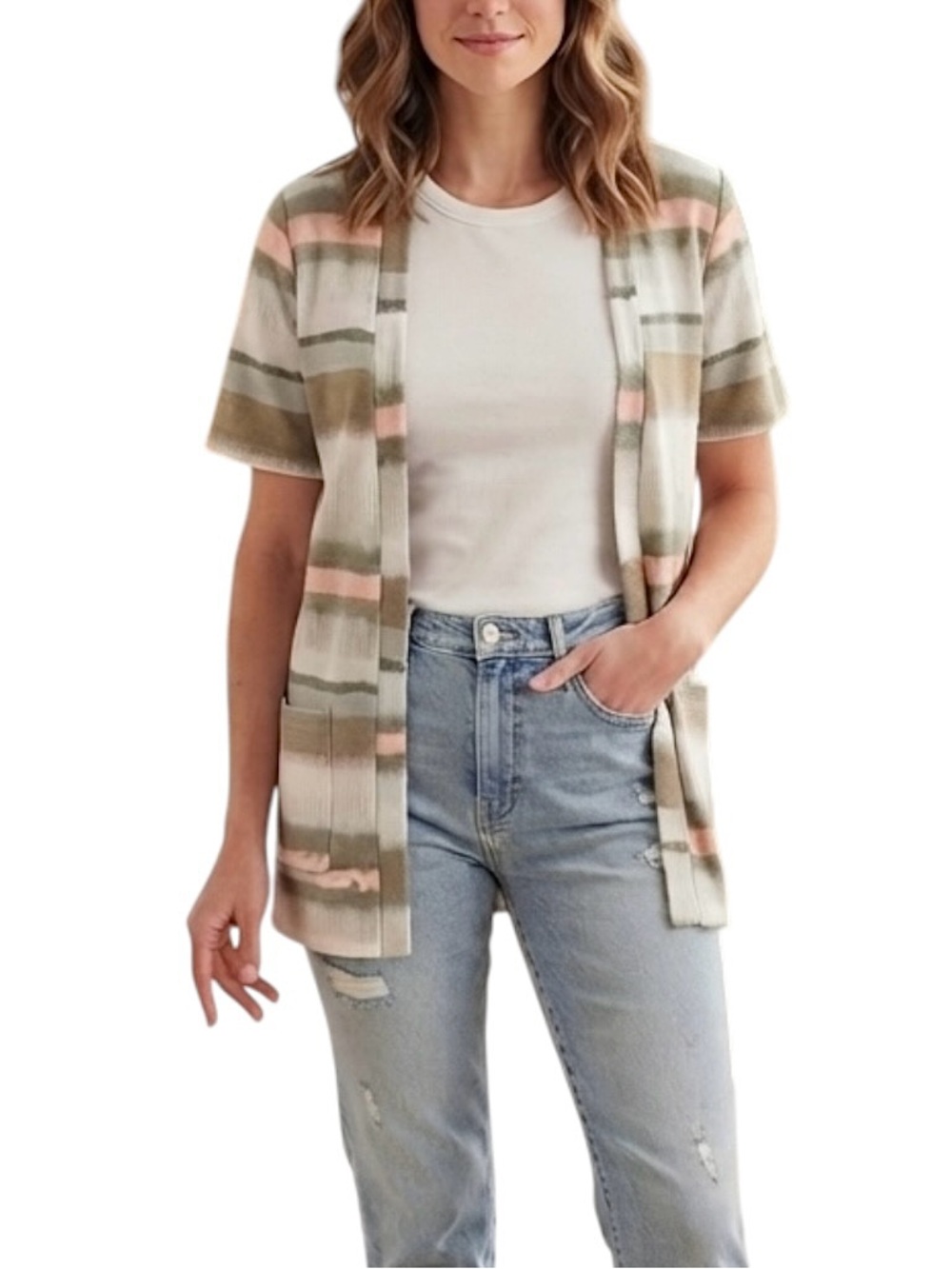 Perfect Peach Open Front French Terry Cardigan Women’s S Neutral Stripe